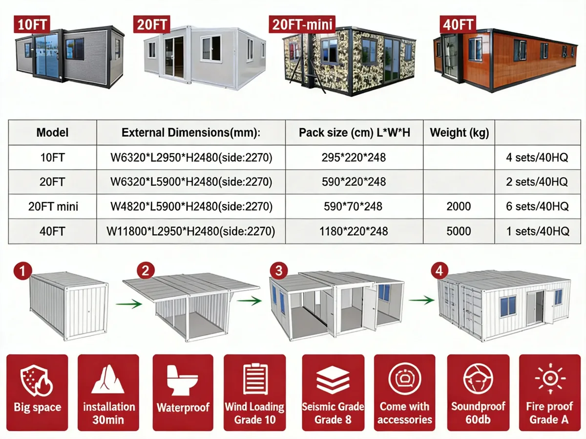 Expandable Container House model table and expansion sequence