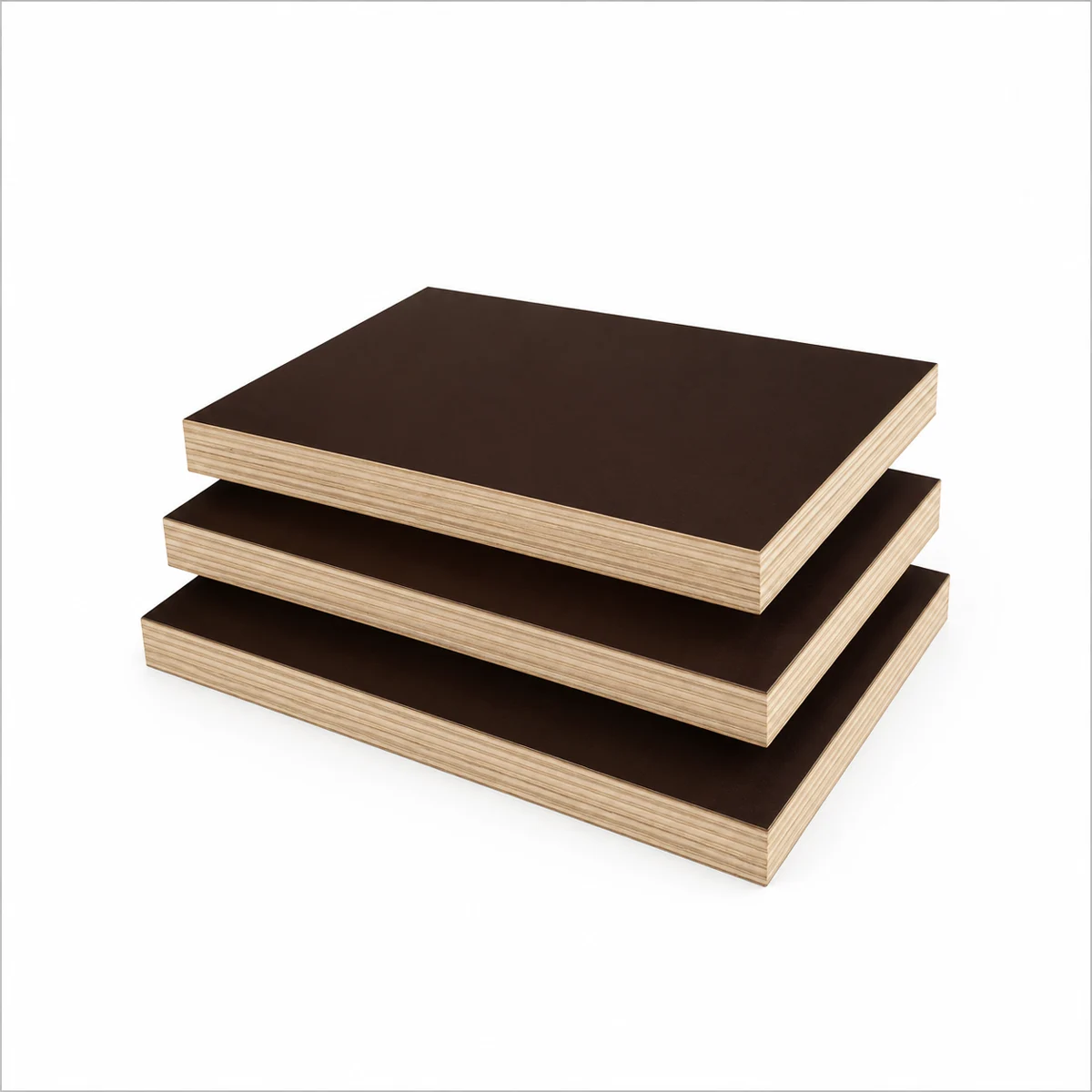 Stack of dark film faced plywood sheets for concrete formwork