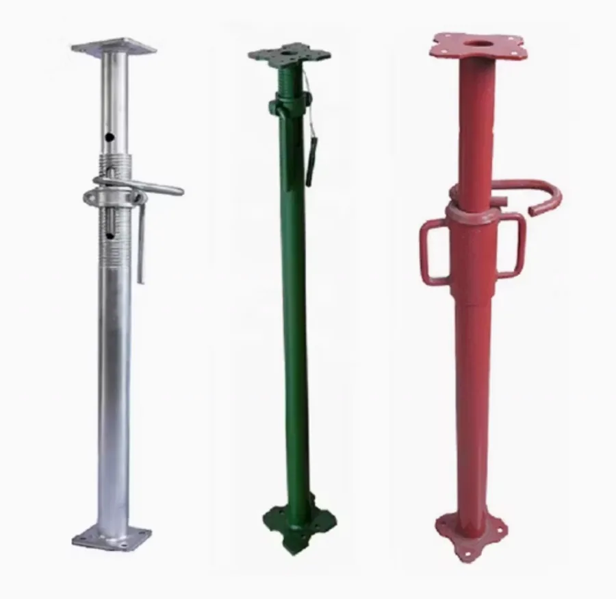 Italian type adjustable steel props in galvanised, green and red finishes