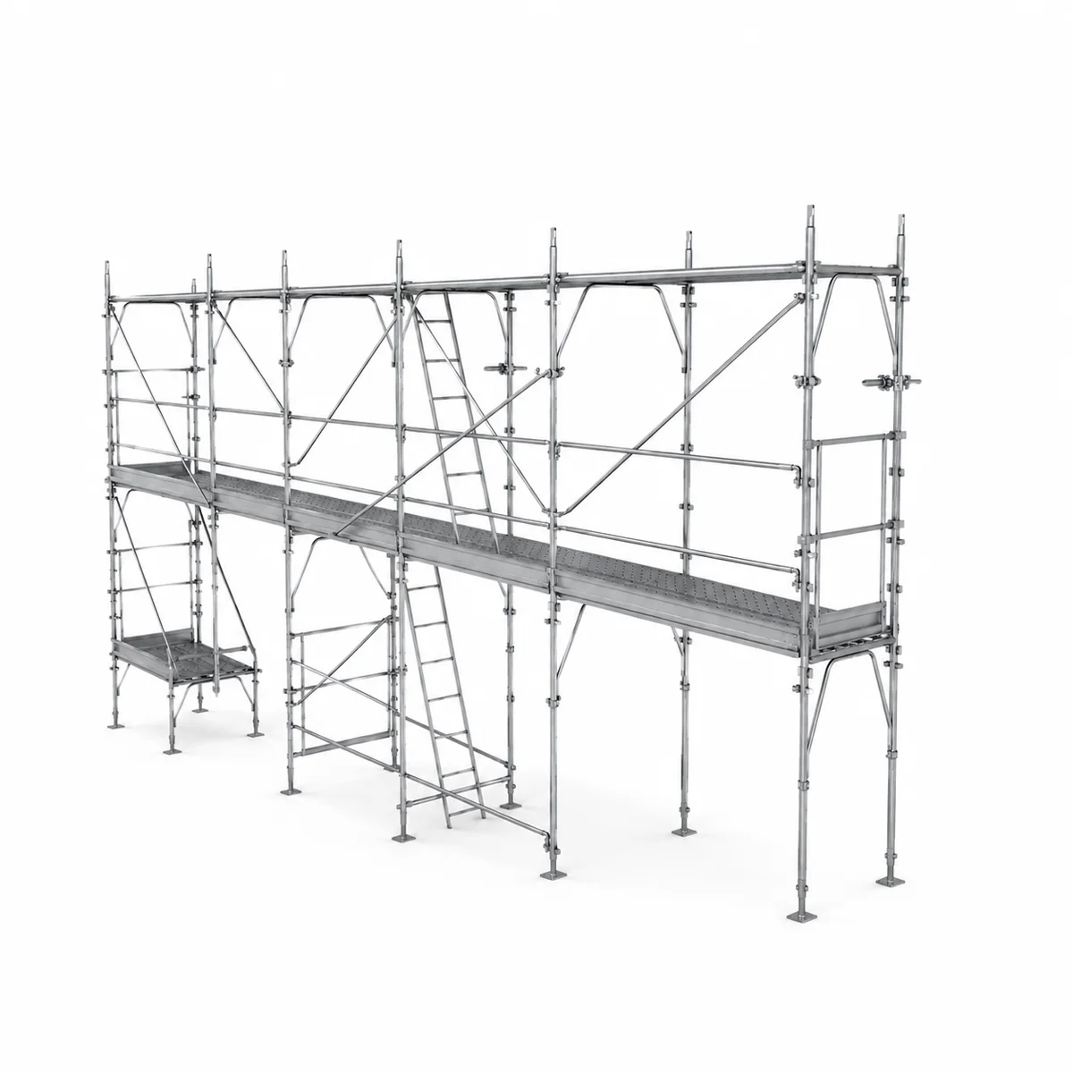 Galvanised modular frame scaffolding system with platforms, ladders and guardrails
