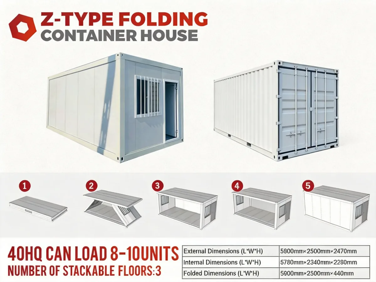 Z-Type Folding Container House product sheet with folding sequence